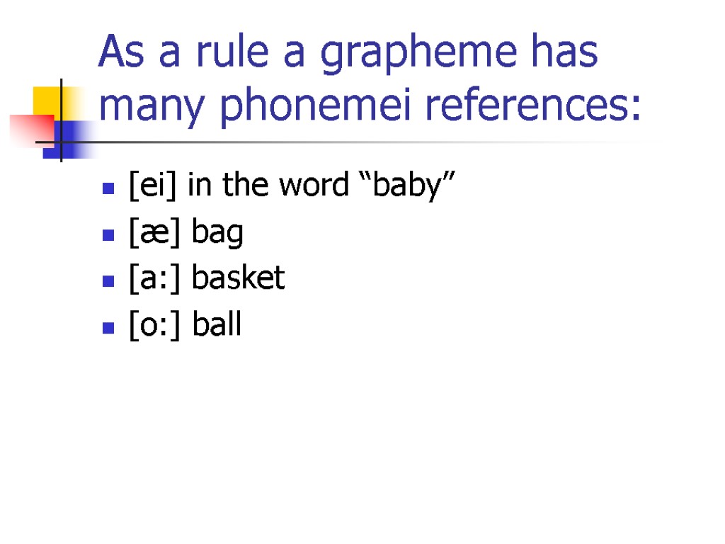 As a rule a grapheme has many phonemei references: [ei] in the word “baby”